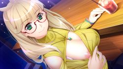 Rule 34 | 1girl, areola slip, blonde hair, blush, breasts, clothing cutout, cup, drink, drinking glass, flashing, from above, game (=eroge) mitai na, suteki na koi ga shitai!, game cg, glasses, green eyes, hadashi shoujo, hands up, highres, ice, ice cube, indoors, ino (magloid), large breasts, lisha lockheart, long hair, looking at viewer, nipple slip, nipples, one breast out, original, pulled by self, red-framed eyewear, shoulder cutout, sitting, smile, sweater, table, turtleneck, yellow sweater