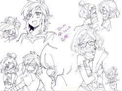 Rule 34 | 1boy, 2girls, ^ ^, alternate costume, alternate hairstyle, arm strap, bespectacled, blush, chibi, closed eyes, commentary, eyelashes, from side, full-face blush, glasses, greyscale, hair ornament, hair stick, hairclip, hand to own mouth, head tilt, holding, holding scroll, laughing, link, looking at viewer, medium hair, monochrome, motion lines, multiple girls, multiple views, nintendo, no eyes, open mouth, paper, pointy ears, princess zelda, profile, purah, round eyewear, scroll, sheikah, short hair, shuri (84k), simple background, sleeveless, smile, sweatdrop, the legend of zelda, the legend of zelda: breath of the wild, the legend of zelda: tears of the kingdom, thick eyebrows, topknot, translated, turning head, turtleneck, twitter username, wavy mouth, white background