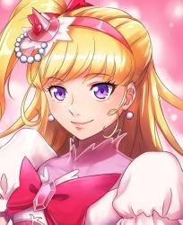 Rule 34 | 1girl, asahina mirai, blonde hair, bow, bowtie, cure miracle, earrings, hair bow, hairband, hat, jewelry, long hair, looking at viewer, mahou girls precure!, nyaasora, pink hairband, pink hat, precure, purple eyes, red bow, red bowtie, side ponytail, smile, solo, witch hat