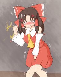 Rule 34 | 1girl, anger vein, angry, ascot, bad id, bad pixiv id, bare shoulders, between legs, blush, breasts, brown background, brown eyes, brown hair, clenched hand, detached sleeves, embarrassed, female focus, flying sweatdrops, hair intakes, hair ribbon, hair tubes, hakurei reimu, hand between legs, hand up, have to pee, knees together feet apart, knocking, long hair, miniskirt, mizusoba, nose blush, open mouth, red ribbon, red shirt, red skirt, ribbon, ribbon-trimmed sleeves, ribbon trim, shirt, simple background, skirt, sleeveless, sleeveless shirt, small breasts, solo, standing, sweat, tears, touhou, trembling, uneven eyes, wavy eyes, wavy mouth, yellow ascot