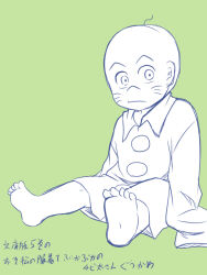 Rule 34 | 1boy, ahoge, bald, barefoot, chibita, child, cosplay, expressionless, facial mark, feet, looking at viewer, male focus, matsuno osomatsu, matsuno osomatsu (cosplay), no pants, osomatsu-kun, osomatsu (series), oversized clothes, sketch, sleeves past fingers, sleeves past wrists, soles, sorata (sorairo honpo), toes, whisker markings