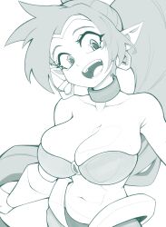 Rule 34 | 1girl, absurdres, bare shoulders, breasts, choker, collarbone, diloon (ghost man), earrings, highres, jewelry, large breasts, long hair, looking at viewer, midriff, monochrome, navel, o-ring, o-ring top, open mouth, pointy ears, ponytail, shantae, shantae (series), simple background, smile, stomach, teeth, tiara, upper body, vambraces, white background