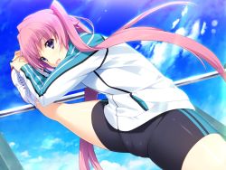 Rule 34 | 1girl, bike shorts, blue eyes, cameltoe, cloud, day, exercising, flat chest, game cg, happy, iizuki tasuku, jacket, leg up, legs, long hair, looking at viewer, lovely x cation 2, nirasaki hinata, open mouth, pink hair, shoes, sky, smile, sneakers, solo, spread legs, standing, thighs, twintails