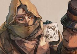 Rule 34 | 2boys, black eyes, black gloves, blonde hair, blue eyes, cloak, commentary request, covered mouth, drawing (object), fur hat, gloves, golden kamuy, hat, highres, hood, hood up, hooded cloak, kepi, long eyelashes, long sleeves, looking at another, looking at object, male focus, mask, military hat, mouth mask, multiple boys, ogata hyakunosuke, osakanaman 7, parted lips, scar, scar on face, scarf, shoulder strap, simple background, sugimoto saichi, sweatdrop, thick eyebrows, upper body, vasily (golden kamuy)