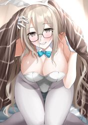 Rule 34 | 1girl, akane (blue archive), akane (bunny) (blue archive), akihila, animal ears, bare shoulders, blonde hair, blue archive, blue eyes, blush, breasts, cleavage, commentary request, detached collar, fake animal ears, glasses, gloves, grin, halo, highleg, highleg leotard, highres, large breasts, leaning forward, leotard, long hair, looking at viewer, pantyhose, playboy bunny, rabbit ears, shawl, smile, solo, strapless, strapless leotard, thighs, white gloves, white leotard, white pantyhose