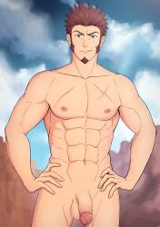 Rule 34 | 1boy, abalionart, absurdres, bara, blue eyes, brown hair, completely nude, facial hair, fate/grand order, fate (series), flaccid, goatee, hand on own hip, highres, large pectorals, long sideburns, looking at viewer, male focus, muscular, napoleon bonaparte (fate), nude, pectorals, penis, scar, sideburns, smile, solo, uncensored