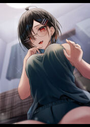 Rule 34 | 1girl, absurdres, ahoge, bare shoulders, black hair, blurry, blurry background, blush, breasts, ceiling, ceiling light, cleavage, commentary, curtains, depth of field, ear piercing, fangs, from below, green shirt, hair between eyes, hair ornament, hair over one eye, hairclip, hand on own chest, hands up, highres, indoors, lace trim, letterboxed, light particles, light rays, looking at viewer, medium breasts, one eye covered, open mouth, original, parted bangs, piercing, red eyes, round eyewear, shirt, short hair, short shorts, shorts, smile, solo, solo focus, sparkle, yufou