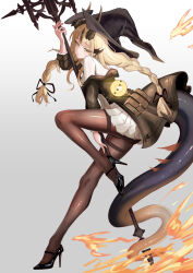 Rule 34 | 1girl, absurdres, arknights, black hat, black horns, black jacket, black pantyhose, blonde hair, braid, closed mouth, dragon girl, dragon horns, dragon tail, dress, flame-tipped tail, green eyes, hat, highres, holding, holding wand, horns, jacket, long hair, long sleeves, long tail, looking at viewer, multiple horns, mumi daohu, off shoulder, official alternate costume, paid reward available, pantyhose, reed (arknights), reed the flame shadow (arknights), reed the flame shadow (curator) (arknights), smile, solo, tail, wand, white dress, witch hat