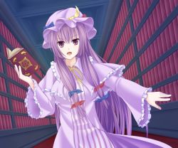 Rule 34 | 1girl, bad id, bad pixiv id, book, bow, breasts, ceiling, crescent moon, female focus, hair ribbon, hat, library, long hair, moon, nagatani sen, open mouth, patchouli knowledge, pentagram, purple eyes, purple hair, ribbon, solo, touhou, voile