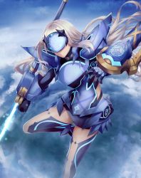 Rule 34 | 1girl, absurdres, armor, armored dress, blue armor, blue dress, blue legwear, blue sky, breastplate, breasts, dress, melusine (fate), melusine (first ascension) (fate), fate/grand order, fate (series), faulds, highres, kankitsurui (house of citrus), long hair, mask, pauldrons, short dress, shoulder armor, sidelocks, sky, small breasts, solo, thighs, weapon, white hair