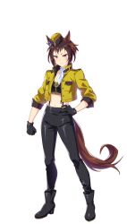 Rule 34 | 1girl, animal ears, black footwear, black gloves, brown hair, byerley turk (umamusume), clenched hand, ear ornament, full body, garrison cap, gloves, hand on own hip, hat, highres, horse ears, horse girl, jacket, looking at viewer, midriff, multicolored hair, navel, neckerchief, official art, open clothes, open jacket, pants, red eyes, scar, scar across eye, short hair, solo, tachi-e, transparent background, umamusume, white neckerchief, yellow hat, yellow jacket