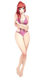 Rule 34 | 1girl, bare shoulders, barefoot, blue eyes, breasts, casual one-piece swimsuit, cleavage, collarbone, dorifutogaazaru, drift girls, full body, hair over shoulder, high ponytail, highres, large breasts, long hair, navel, official art, one-piece swimsuit, pink one-piece swimsuit, red hair, shiny skin, simple background, sleeveless, solo, swimsuit, terauchi kozue, white background