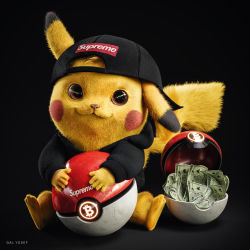 Rule 34 | 3d, backwards hat, bitcoin, black background, black hat, closed mouth, clothed pokemon, commentary, creatures (company), cryptocurrency, english commentary, fur, galyosef, game freak, gen 1 pokemon, hat, highres, looking at viewer, money, nintendo, orange eyes, pikachu, poke ball, pokemon, pokemon (creature), realistic, simple background, sitting, solo, supreme (brand), tagme, yellow fur