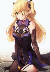 Rule 34 | 1girl, arm support, bare shoulders, black dress, black thighhighs, blonde hair, blush, bow, breasts, closed mouth, commentary request, detached sleeves, dress, elbow gloves, eyepatch, fischl (genshin impact), garter straps, gem, genshin impact, gloves, green eyes, hair ornament, hair over one eye, hair ribbon, highres, long hair, looking at viewer, multicolored clothes, multicolored dress, purple dress, ribbon, single thighhigh, sitting, sleeveless, small breasts, smile, solo, sora (men0105), thighhighs, two side up