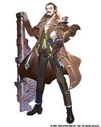 1boy beard brown_coat brown_eyes brown_hair brown_shoes cannon clenched_hand coat cuffs facial_hair frown full_body gaou_(umaiyo_puyoman) gloves grey_pants grimms_notes handcuffs holding holding_weapon justin_ganimard_(grimms_notes) long_sleeves looking_at_viewer male_focus mustache official_art pants shoes simple_background solo standing watermark weapon white_background white_gloves