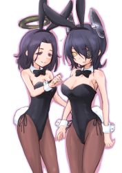 Rule 34 | 10s, 2girls, animal ears, armpits, artist request, bare shoulders, black hair, blush, bow, bowtie, breasts, cleavage, detached collar, eyepatch, fake animal ears, female focus, hair between eyes, half-closed eyes, halo, headgear, kantai collection, large breasts, leotard, looking at another, mechanical halo, multiple girls, naughty face, open mouth, pantyhose, personification, playboy bunny, purple eyes, purple hair, rabbit ears, rabbit tail, serious, short hair, smile, standing, tail, tatsuta (kancolle), tenryuu (kancolle), wrist cuffs, yellow eyes, yuri