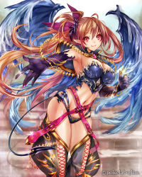 Rule 34 | 1girl, ahoge, armpits, belt, boots, bracelet, breasts, brown hair, capelet, company name, cross-laced footwear, demon tail, eikou no guardian battle, elbow gloves, eyebrows, feathered wings, gloves, groin, hair between eyes, hair ornament, jewelry, lace-up boots, large breasts, long hair, looking at viewer, madogawa, nail polish, navel, official art, outstretched hand, pointy ears, ponytail, red eyes, ring, smile, solo, tail, wings