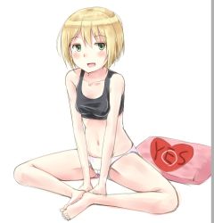 Rule 34 | 1girl, :d, arm support, bad id, bad pixiv id, bare shoulders, barefoot, blonde hair, blush, butterfly sitting, cameltoe, collarbone, erica hartmann, feet, full body, green eyes, groin, indian style, kino (kino buro), looking at viewer, navel, open mouth, panties, pillow, short hair, simple background, sitting, smile, solo, strike witches, tank top, toes, underwear, v arms, white background, white panties, world witches series, yes, yes-no pillow