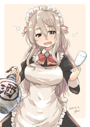 Rule 34 | 1girl, alcohol, alternate costume, apron, black dress, border, bow, bowtie, brown eyes, cowboy shot, cup, dated, dress, drinking glass, drunk, enmaided, frilled apron, frills, fyuo, grey hair, hair between eyes, highres, jar, kantai collection, looking at viewer, maid, one-hour drawing challenge, open mouth, pink background, pola (kancolle), red bow, red bowtie, sake, signature, smile, solo, thick eyebrows, two-tone background, wavy hair, white apron, white border, wine glass
