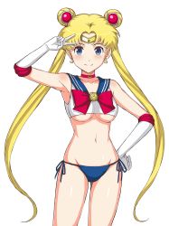 Rule 34 | 1girl, adapted costume, arm up, armpits, bare shoulders, bikini, bishoujo senshi sailor moon, bishoujo senshi sailor moon (first season), blonde hair, blue bikini, blue eyes, blue ribbon, blue sailor collar, bow, breasts, choker, closed mouth, collarbone, cowboy shot, crescent, crescent earrings, double bun, earrings, elbow gloves, gloves, gluteal fold, hair bun, hand on own hip, headpiece, highres, jchoy, jewelry, long hair, looking at viewer, medium breasts, navel, parted bangs, pink choker, red bow, ribbon, sailor collar, sailor moon, side-tie bikini bottom, smile, solo, standing, stomach, swimsuit, tareme, thighs, tsukino usagi, twintails, underboob, v, very long hair, white gloves