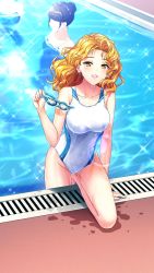 Rule 34 | 3girls, bare legs, blonde hair, breasts, brown eyes, collarbone, doukyuusei, doukyuusei another world, game cg, grin, holding, large breasts, lens flare, long hair, looking at viewer, multiple girls, official art, one-piece swimsuit, on one knee, saitou mako, school swimsuit, smile, solo focus, sparkle, swimsuit, white one-piece swimsuit