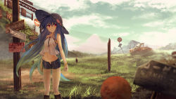 Rule 34 | 1girl, :/, alternate costume, arms at sides, bangle, bare shoulders, blue hair, boots, bracelet, car, cloud, crop top, crop top overhang, day, denim, denim shorts, grass, hat, highres, hinanawi tenshi, hip bones, ibuki notsu, jewelry, landscape, long hair, midriff, motor vehicle, mountain, navel, outdoors, red eyes, road sign, shirt, short shorts, shorts, sign, sky, sleeveless, sleeveless shirt, solo, standing, sun hat, touhou, unbuttoned, vehicle, very long hair, white shirt