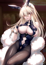 Rule 34 | 1girl, animal ears, artoria pendragon (all), artoria pendragon (fate), artoria pendragon (lancer) (fate), artoria pendragon (lancer alter) (fate), artoria pendragon (swimsuit ruler) (fate), bare shoulders, blonde hair, blue pantyhose, blush, braid, breasts, cleavage, detached collar, fake animal ears, fate/grand order, fate (series), feather boa, fishnets, hair between eyes, highres, horns, large breasts, leotard, long hair, looking at viewer, navel, necktie, obiwan, pantyhose, playboy bunny, ponytail, rabbit ears, sidelocks, signature, sitting, solo, underboob, white leotard, wrist cuffs, yellow eyes