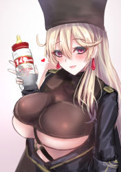 Rule 34 | 1girl, absurdres, blonde hair, blush, breasts, earrings, fur hat, girls&#039; frontline, hair between eyes, hat, highres, jewelry, large breasts, long hair, looking at viewer, martinreaction, mole, mole under eye, open mouth, papakha, ptrd (girls&#039; frontline), purple eyes, simple background, solo, turtleneck