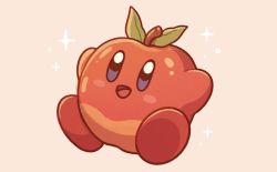 Rule 34 | apple, arms up, blue eyes, blush, blush stickers, evergreenqveen, food, food focus, fruit, full body, jpeg artifacts, kirby, kirby (series), looking at viewer, nintendo, no humans, pink background, simple background, solo, sparkle
