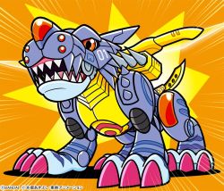 Rule 34 | android, armor, bandai, claws, copyright name, digimon, digimon (creature), emphasis lines, full armor, mechanical wings, metalgarurumon, missile, monster, no humans, official art, sharp teeth, simple background, solo, standing, teeth, weapon, wings