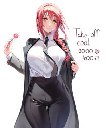 Rule 34 | 1girl, absurdres, black coat, black necktie, black pants, blush, braid, braided ponytail, buttons, candy, chainsaw man, coat, collared shirt, denim, dress shirt, english text, food, highres, holding, holding candy, holding food, holding lollipop, jeans, lollipop, long hair, looking at viewer, machulanko, makima (chainsaw man), meme, necktie, office lady, open clothes, open coat, open mouth, pants, red hair, shirt, shirt tucked in, simple background, skin tight, smile, solo, teeth, twitter strip game (meme), white background, white shirt, wing collar, yellow eyes