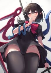 Rule 34 | 1girl, asymmetrical wings, black dress, black hair, black thighhighs, blue wings, blurry, blush, bow, bowtie, center frills, commentary, cowboy shot, depth of field, dress, frills, from below, grey background, grin, groin, hair between eyes, hand up, highres, houjuu nue, igayan, long hair, looking at viewer, looking down, pointy ears, red bow, red bowtie, red eyes, red wings, short dress, short sleeves, simple background, smile, snake, solo, standing, thighhighs, thighs, touhou, white background, wings, zettai ryouiki