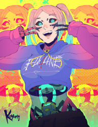 Rule 34 | 1girl, artist name, black sclera, blonde hair, blue eyes, colored sclera, cropped hoodie, cyberpunk (series), cyborg, double v, gradient hair, highres, hood, hood down, hoodie, koyorin, long hair, looking at viewer, mechanical arms, multicolored hair, open mouth, see-through body, solo, twintails, v