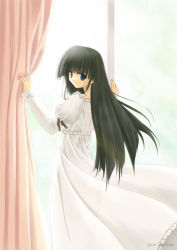 Rule 34 | 00s, 1girl, black hair, blue eyes, comic party, curtains, dress, from behind, hasebe aya, long hair, looking back, solo, very long hair, white dress, window, zenzen, zenzen (onestep)