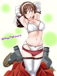 Rule 34 | 1girl, bra, breasts, brown eyes, brown hair, brown sailor collar, buruma, buruma pull, cannon, cleavage, clothes pull, collarbone, detached sleeves, feet out of frame, hairband, kantai collection, machinery, medium breasts, natori (kancolle), navel, panties, pleated skirt, red buruma, red skirt, sailor collar, short hair, skirt, smokestack, solo, tatsumi ray, thighhighs, turret, twitter username, underwear, undressing, unworn skirt, white background, white bra, white hairband, white panties, white thighhighs