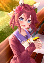 Rule 34 | 1girl, animal ears, bad id, bad pixiv id, bench, collarbone, commentary request, food, food in mouth, hair between eyes, hair flaps, hanasaka (9769z), highres, horse ears, horse girl, looking at viewer, open mouth, pink hair, sakura chiyono o (umamusume), school uniform, sitting, solo, sweet potato, umamusume, wooden bench