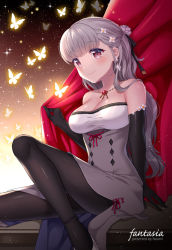 Rule 34 | 1girl, bare shoulders, blush, breasts, bug, butterfly, character request, cleavage, commentary request, copyright request, dress, earrings, elbow gloves, gloves, glowing, glowing butterfly, grey hair, insect, jewelry, long hair, looking at viewer, medium breasts, naomi (fantasia), necklace, pantyhose, sitting, sleeveless, smile, solo