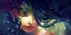 Rule 34 | 1girl, blue eyes, blue hair, creepy, feathers, hair over one eye, light particles, lips, lipstick, makeup, matching hair/eyes, original, peacock feather, portrait, psychedelic, red lips, solo, watermark, yuumei