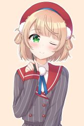 Rule 34 | 1girl, ;), bad id, bad pixiv id, beret, blush, brown background, closed mouth, collared shirt, green eyes, grey jacket, hair ornament, hair rings, hand up, hat, highres, holding, holding stylus, indie virtual youtuber, jacket, light brown hair, long sleeves, looking at viewer, one eye closed, outline, pinstripe pattern, pom pom (clothes), pom pom hair ornament, red hat, red sailor collar, sailor collar, seventeen (st17215), shigure ui (channel), shigure ui (vtuber), shigure ui (vtuber) (1st costume), shirt, short hair, sleeves past wrists, smile, solo, striped clothes, striped jacket, stylus, upper body, vertical-striped clothes, vertical-striped jacket, virtual youtuber, white outline, white shirt