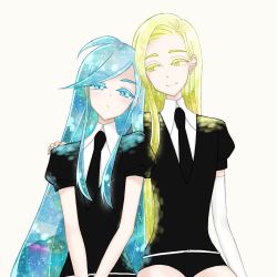 Rule 34 | 2others, alexandrite (houseki no kuni), androgynous, black neckwear, blonde hair, blue eyes, blue hair, chrysoberyl (houseki no kuni), collared shirt, colored eyelashes, commentary request, crystal hair, gem uniform (houseki no kuni), houseki no kuni, leaning on person, long hair, looking at another, multiple others, necktie, pale skin, puffy short sleeves, puffy sleeves, shirt, short sleeves, simple background, smile, sou (mgn), tareme, uniform, very long hair, yellow eyes