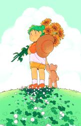 Rule 34 | 1girl, :o, artist name, blue eyes, cloud, clover, commentary, day, duralumin, english commentary, flower, from behind, full body, grass, green hair, hat, unworn hat, unworn headwear, holding, holding flower, koiwai yotsuba, looking back, orange footwear, quad tails, rii abrego, shoes, short hair, short sleeves, shorts, sky, sneakers, socks, solo, straw hat, stuffed animal, stuffed toy, sun hat, sunflower, teddy bear, white socks, yellow shorts, yotsubato!