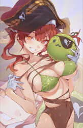 Rule 34 | 1girl, absurdres, bare shoulders, bikini, bikini top only, blush, breasts, covered navel, eyepatch, food, fruit, gloves, green bikini, hat, heterochromia, highres, holding, holding food, holding fruit, hololive, houshou marine, hxxg, large breasts, long hair, looking at viewer, melon, navel, patterned, pirate, pirate hat, red eyes, red hair, smile, solo, swimsuit, twintails, virtual youtuber, white gloves, yellow eyes