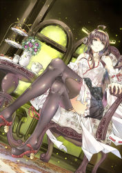 Rule 34 | 10s, 1girl, black footwear, black thighhighs, boots, breasts, chair, cheese kang, dutch angle, female focus, flower, highres, indoors, kantai collection, kongou (kancolle), large breasts, miniskirt, nontraditional miko, sitting, skirt, solo, thigh boots, thighhighs, tiered tray, vase