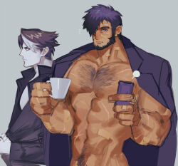 Rule 34 | 2boys, abs, bandaid, bandaid on cheek, bandaid on face, bara, bare pectorals, beard, bottomless, chest hair, coffee talk, cross scar, cup, dark-skinned male, dark skin, facial hair, gala (coffee talk), hair over one eye, holding, holding cup, hyde (coffee talk), jacket, jacket on shoulders, large hands, large pectorals, looking at another, male focus, male pubic hair, mature male, mug, multicolored hair, multiple boys, muscular, muscular male, navel, navel hair, nipples, no shirt, notice lines, pectorals, pubic hair, purple hair, rono z, scar, scar on arm, scar on chest, short hair, sideburns, sketch, stomach, streaked hair, thick eyebrows