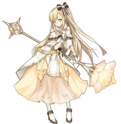 Rule 34 | 1girl, ark order, baldr (ark order), bare shoulders, belt, black bow, blonde hair, bow, brown footwear, capelet, closed mouth, clothing cutout, dress, full body, gloves, gold trim, hair bow, holding, holding staff, kneehighs, kzhu, lace-trimmed capelet, lace trim, long hair, looking at viewer, official art, one side up, shoulder cutout, sidelocks, smile, socks, solo, staff, strappy heels, striped bow, tachi-e, transparent background, very long hair, white capelet, white dress, white gloves, white socks, yellow dress, yellow eyes