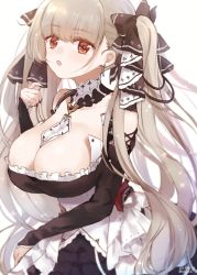 Rule 34 | azur lane, between breasts, black dress, black nails, blush, breasts, cleavage, dress, earrings, formidable (azur lane), frilled dress, frills, grey hair, jewelry, large breasts, long hair, nail polish, open mouth, red eyes, ribbon, rigging, solo, tomashuu, twintails, two-tone dress, two-tone ribbon, very long hair