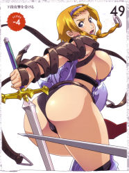 Rule 34 | 1girl, absurdres, armor, artbook, ass, black panties, blonde hair, braid, breasts, buckle, curvy, exiled warrior leina, fighting, hairband, highres, hisayuki hirokazu, huge ass, leina (queen&#039;s blade), leina (queen's blade), looking at viewer, looking back, moaning, official art, open mouth, panties, queen&#039;s blade, queen&#039;s blade lost worlds, revealing clothes, scan, shield, shiny skin, short hair with long locks, side braid, slashing, solo, sweat, sword, thong, twin braids, underwear, weapon, wide hips