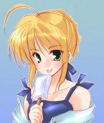 Rule 34 | 00s, 1girl, ahoge, alternate costume, artoria pendragon (all), artoria pendragon (fate), blonde hair, braid, collarbone, fate/stay night, fate (series), food, green eyes, looking at viewer, popsicle, saber (fate), solo, tongue, tongue out, utsubo kazura