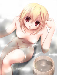 Rule 34 | 1girl, bathing, blonde hair, breasts, looking at viewer, momoiro taisen pairon, nagato tamakichi, nipples, nude, red eyes, short hair, smile, solo, water