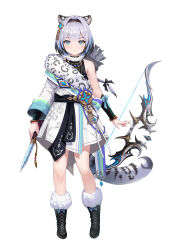 Rule 34 | 1girl, animal ears, aqua eyes, arm out of sleeve, black footwear, black hair, boots, bow (weapon), braid, braided ponytail, dagger, ddcc0123, full body, fur trim, hadanugi dousa, hairband, highres, holding, holding dagger, holding knife, holding weapon, japanese clothes, kimono, knee boots, knife, leopard ears, leopard girl, leopard tail, long hair, long sleeves, looking at viewer, multicolored hair, open clothes, open kimono, original, quiver, simple background, solo, standing, tail, weapon, white background, white hair